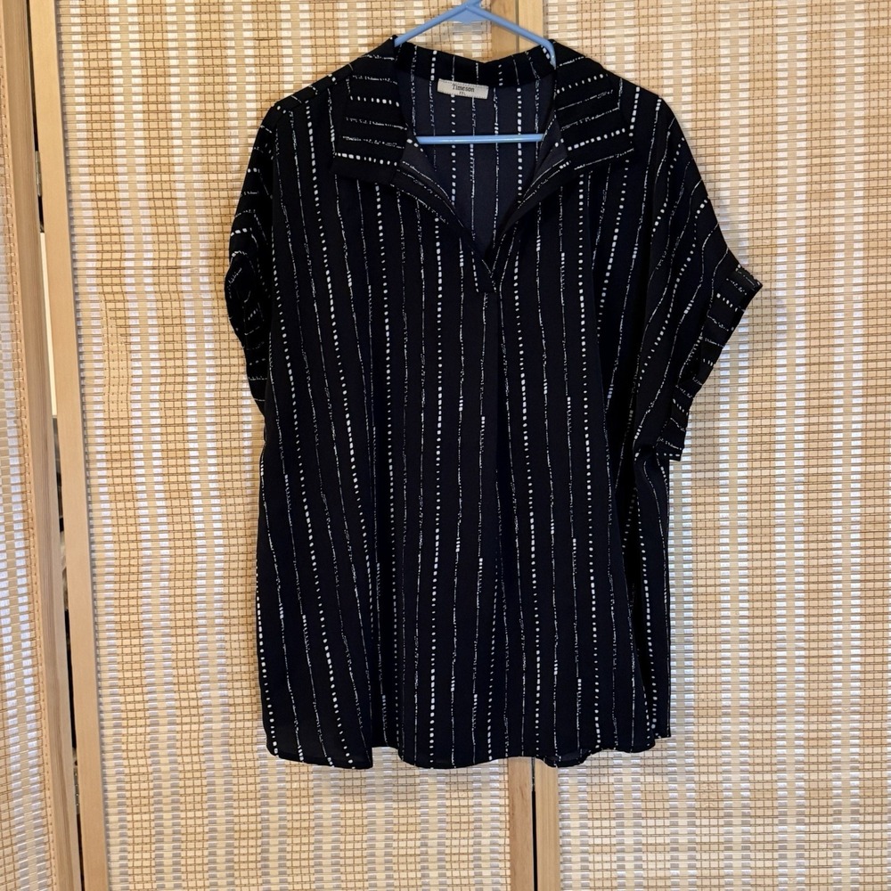 Timeson Womens 2X Top Short Sleeve Black White Geometric Office Casual Career